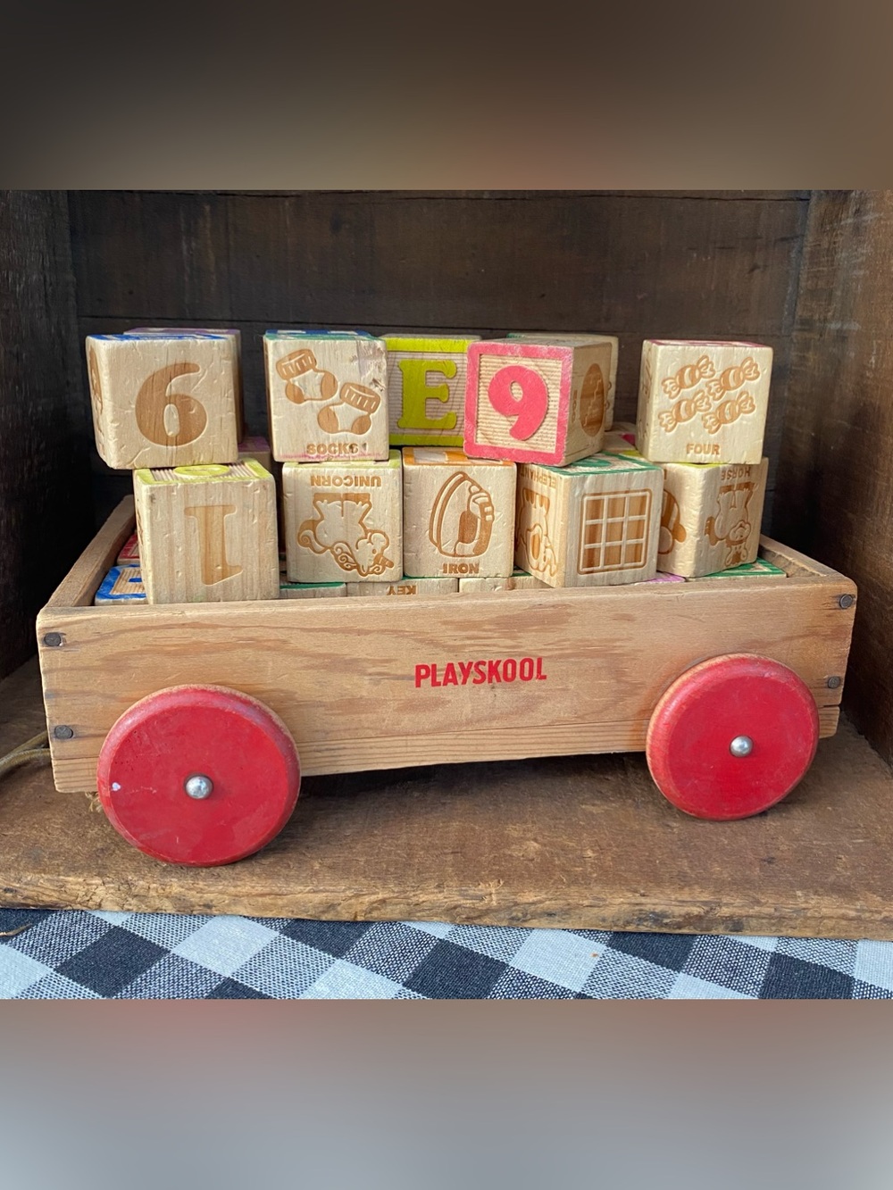 Vintage Playskool Wooden Block Wagon Pull Toy ABC Number Picture Blocks